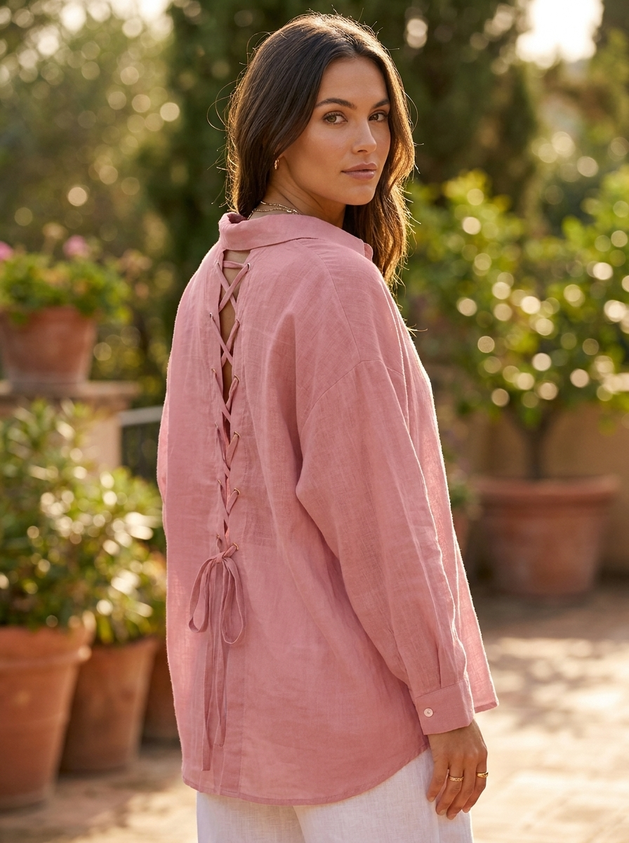 Woman wearing a cotton-linen shirt with lace-up back detail in a garden