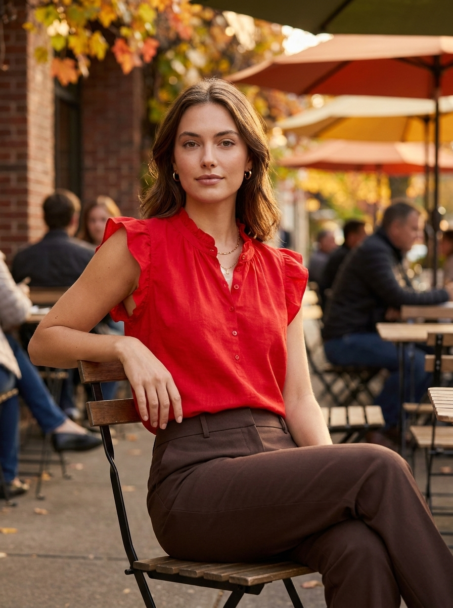 Woman wearing a ruffle-trim linen-blend top at a cafe terrace