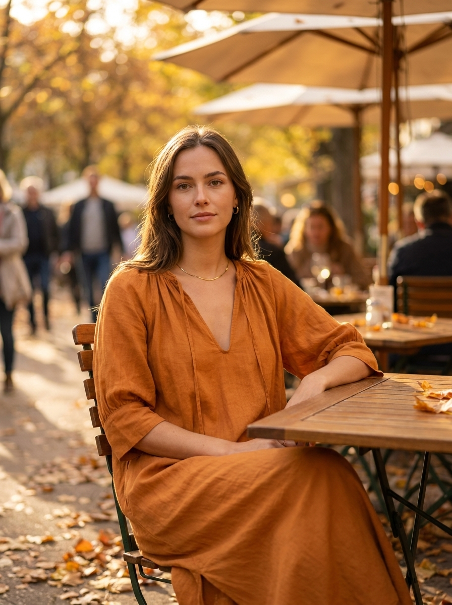 Woman wearing an orange loose long-sleeve linen dress at a cafe terrace