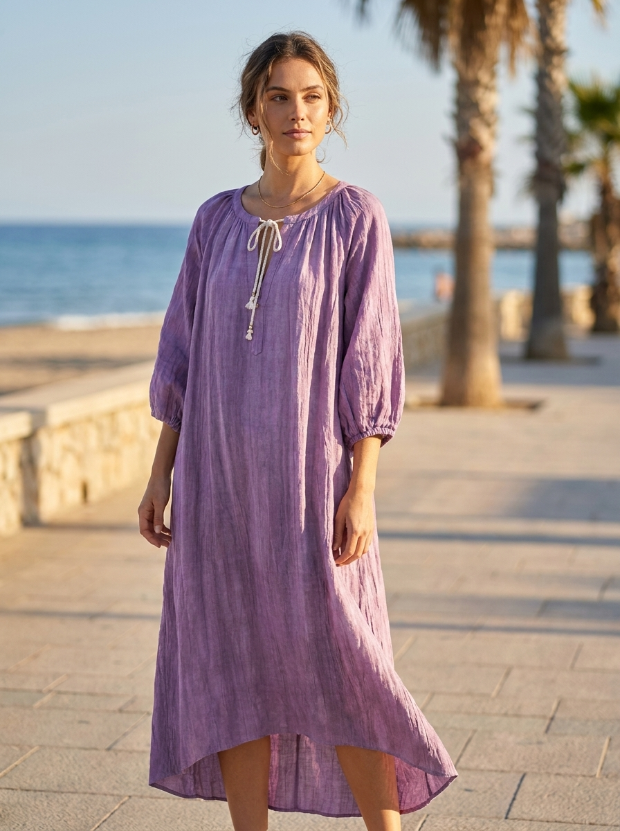 Woman wearing a purple tie-dye linen maxi dress on a seaside promenade