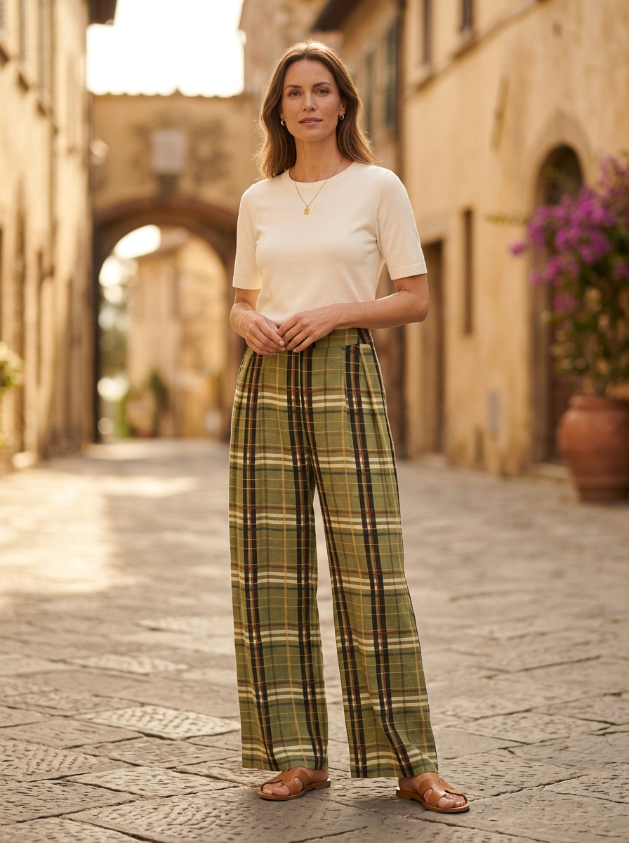 Woman wearing checked casual linen pants on a European street