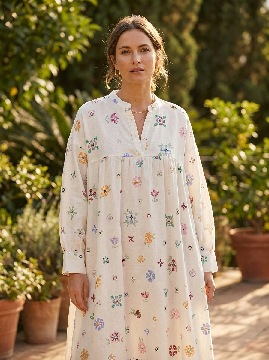 Woman wearing a floral print linen-blend dress in a sunlit garden