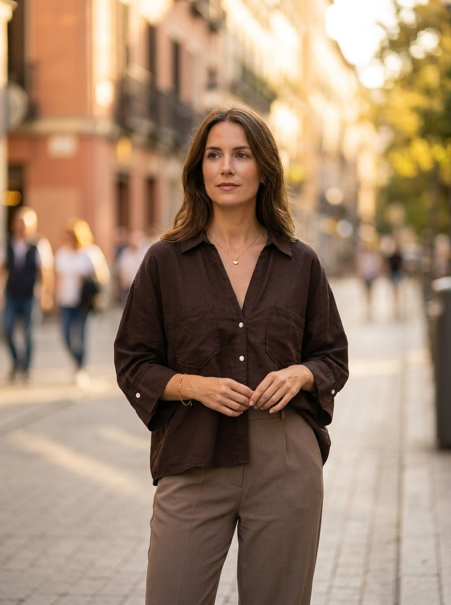 Woman wearing a minimalist linen-blend shirt on a city street