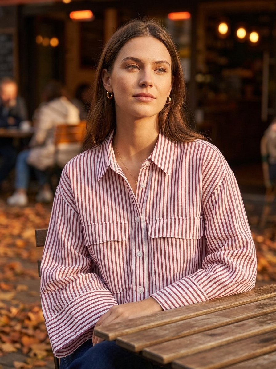 Woman wearing a striped linen shirt at a cafe terrace