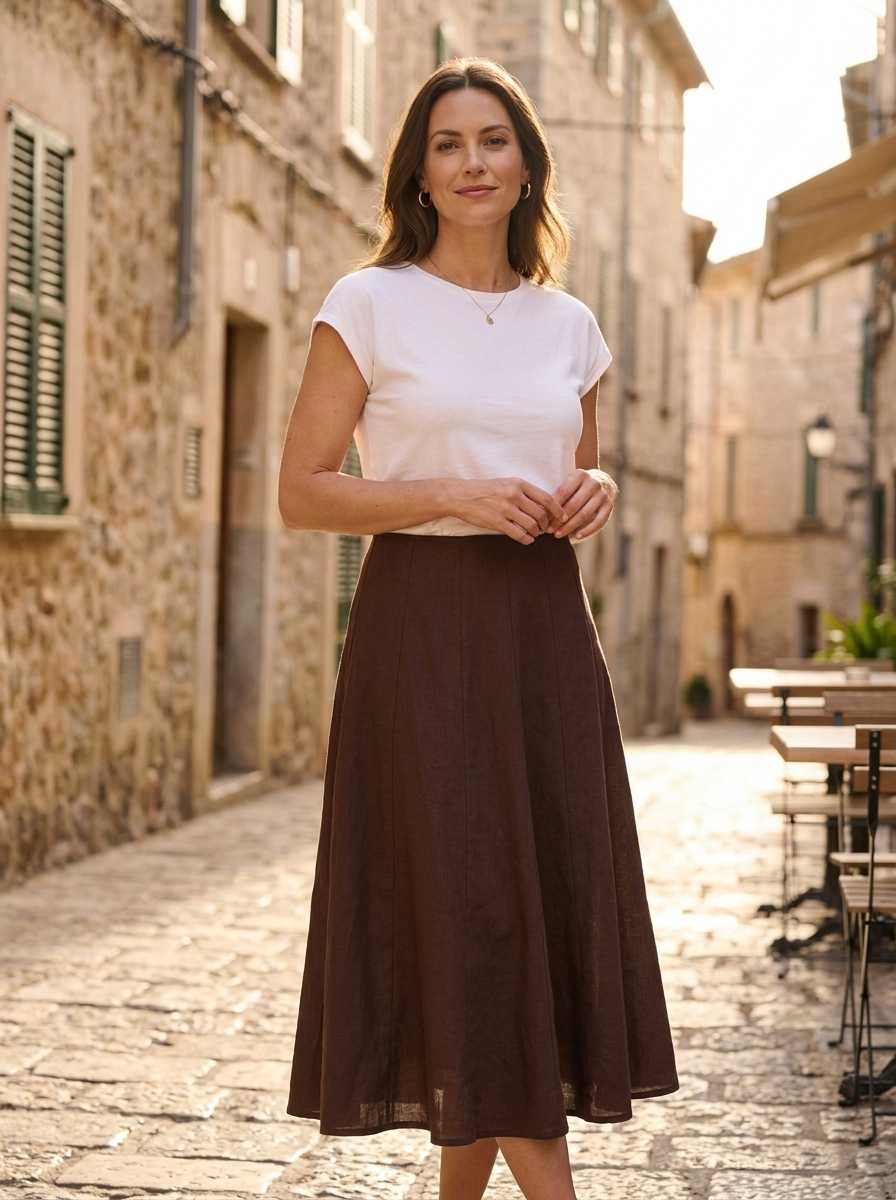Woman wearing a brown linen midi skirt on a European street