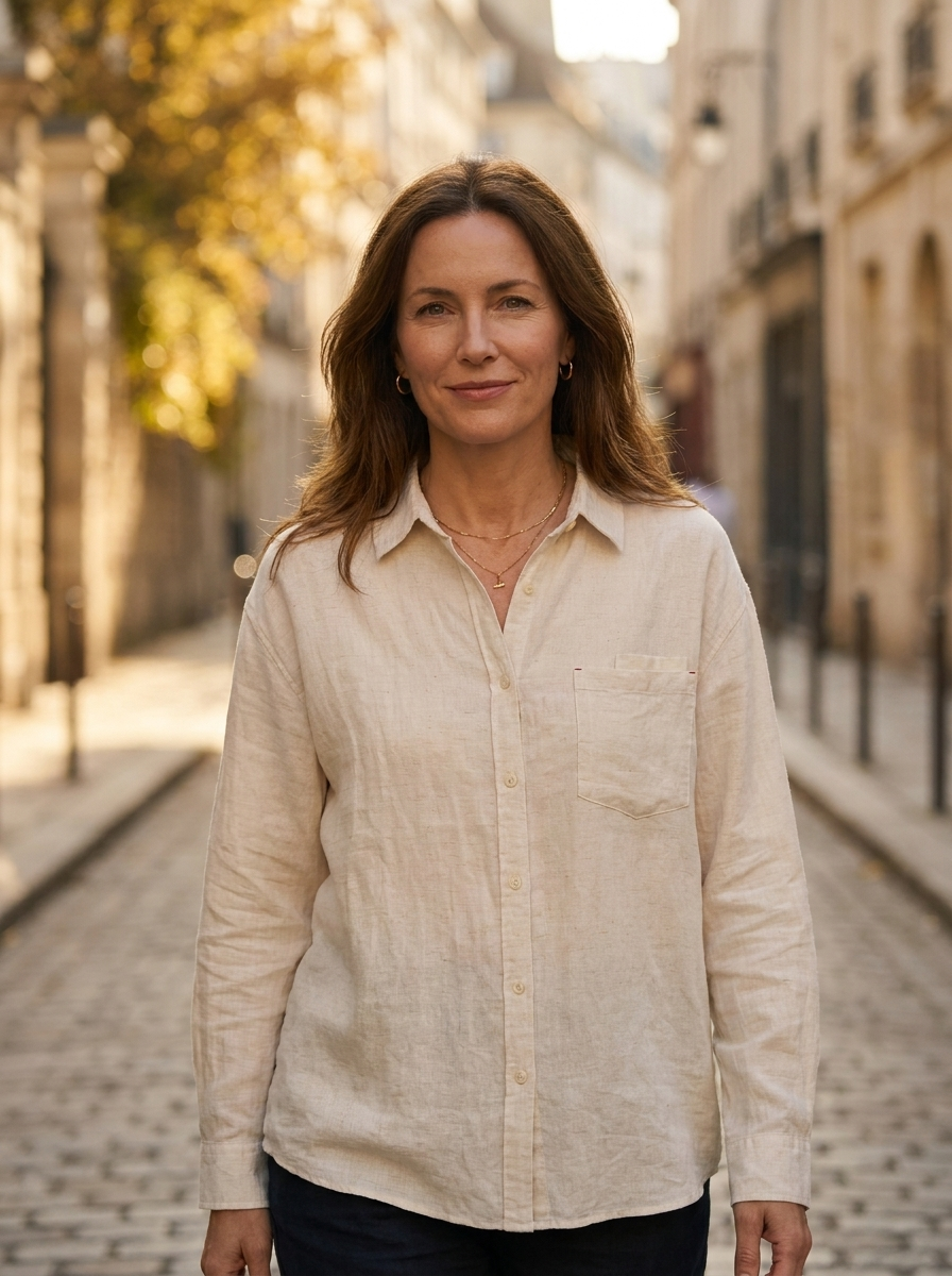 Woman wearing an off-white loose long-sleeve linen shirt on a city street