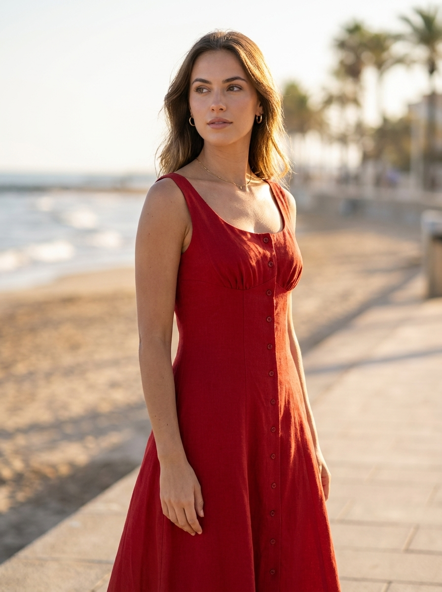 Woman wearing a sleeveless linen-blend maxi dress on a seaside promenade