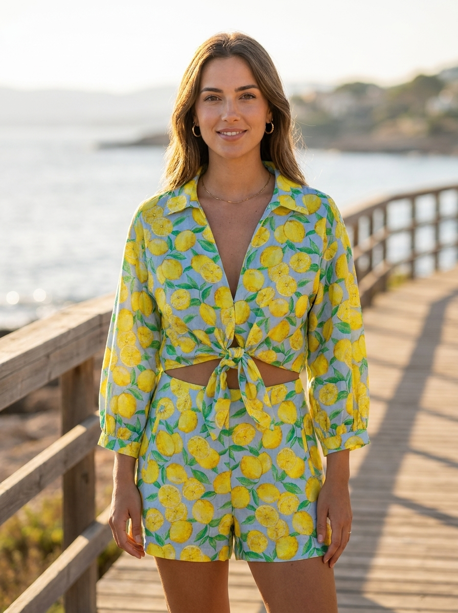 Woman wearing a printed knot-top and shorts set on a coastal boardwalk