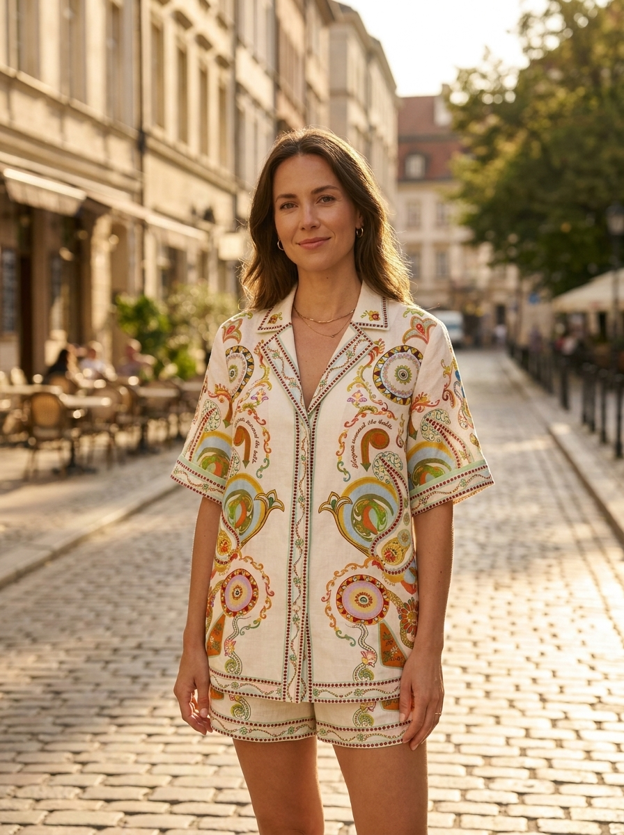 Woman wearing a colourful linen blazer and shorts set on a city street