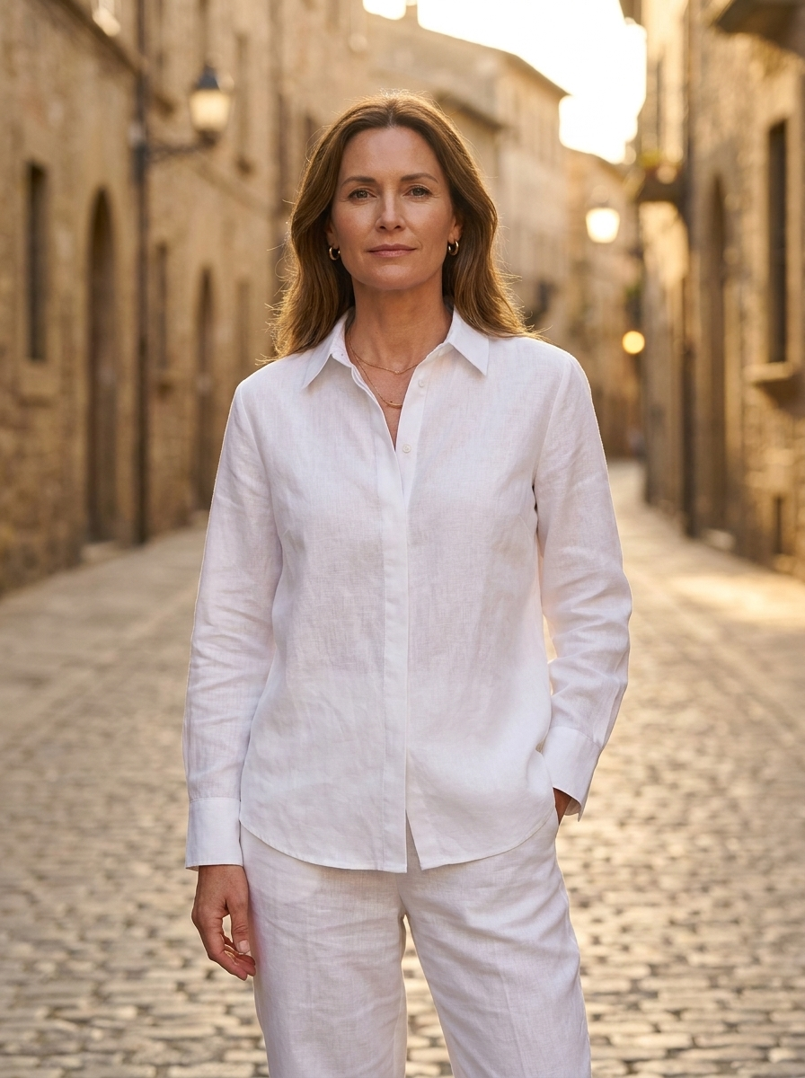 Woman wearing a matching linen shirt and trousers set on a European street