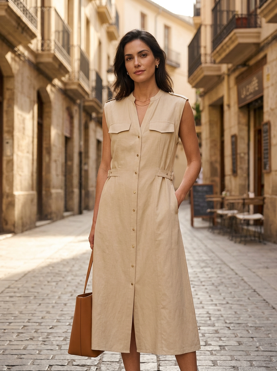 Woman wearing a khaki linen midi dress on a European street