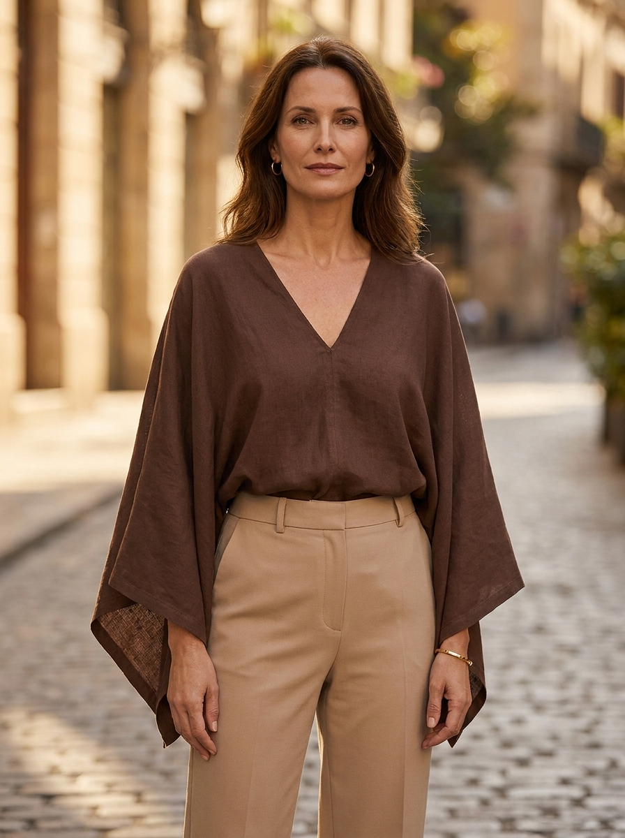 Woman wearing a V-neck linen top on a city street