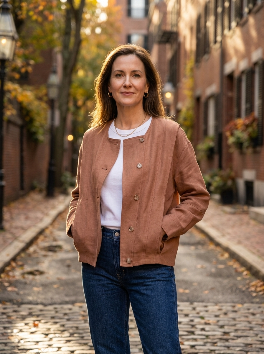 Woman wearing a light-brown linen aviator jacket on an autumn city street