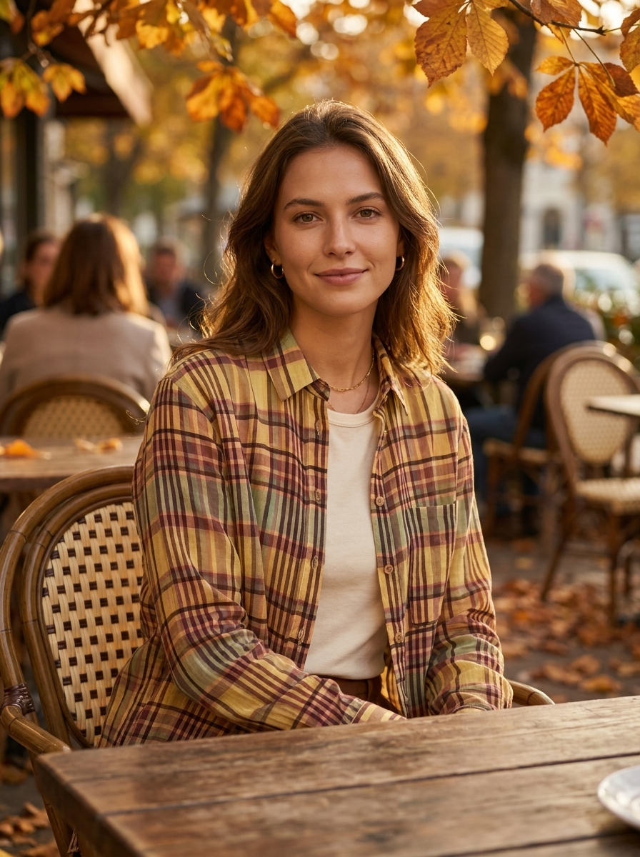 Woman wearing a yellow checked linen shirt at a cafe terrace
