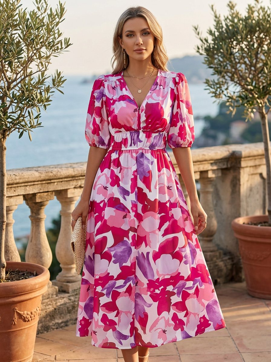 Model wearing Women's Cinched-Waist Print Midi Dress