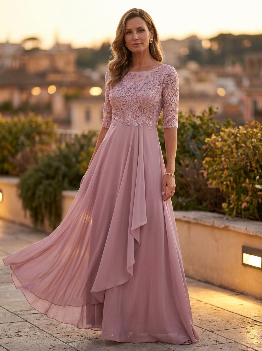 Model wearing Women's Chiffon Lace Cutout Evening Gown