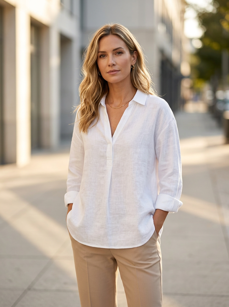 Model wearing Women's Relaxed V-Neck Long-Sleeve Shirt