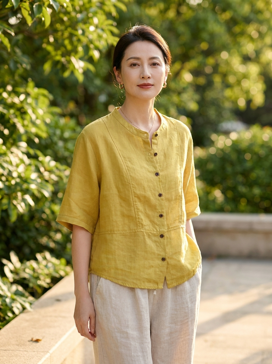 Model wearing Women's Ramie Stand-Collar Mid-Sleeve Blouse