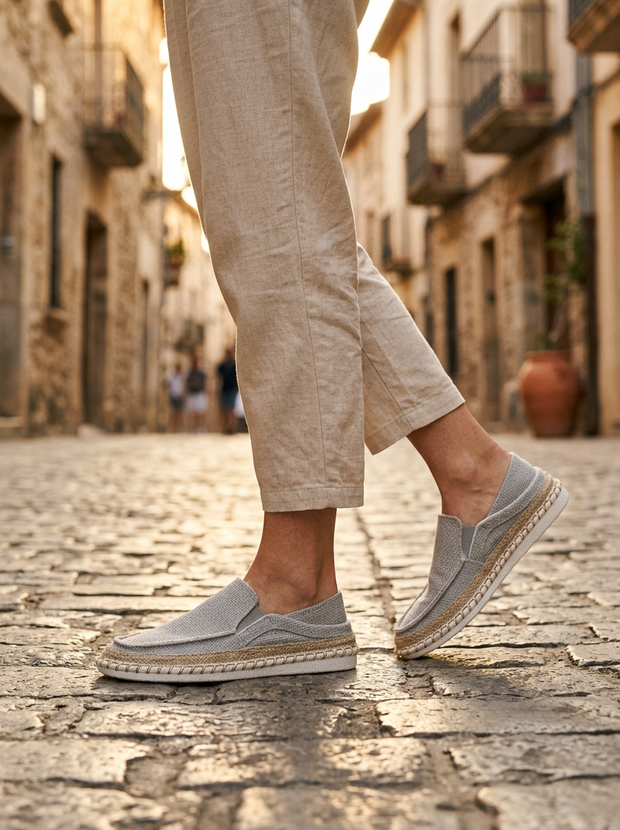 Woven Slip-On Fisherman Loafers worn on a cobblestone street