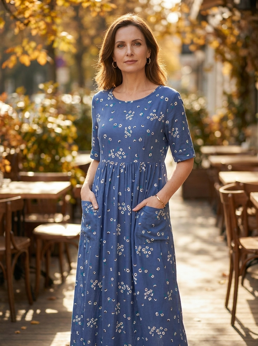Model wearing Women's Print Pocket Loose Maxi Dress