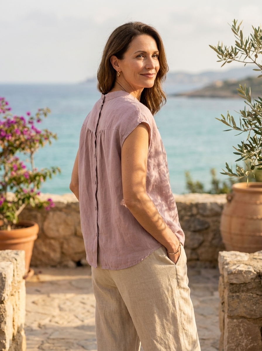 Model wearing Women's Linen Back-Button Blouse