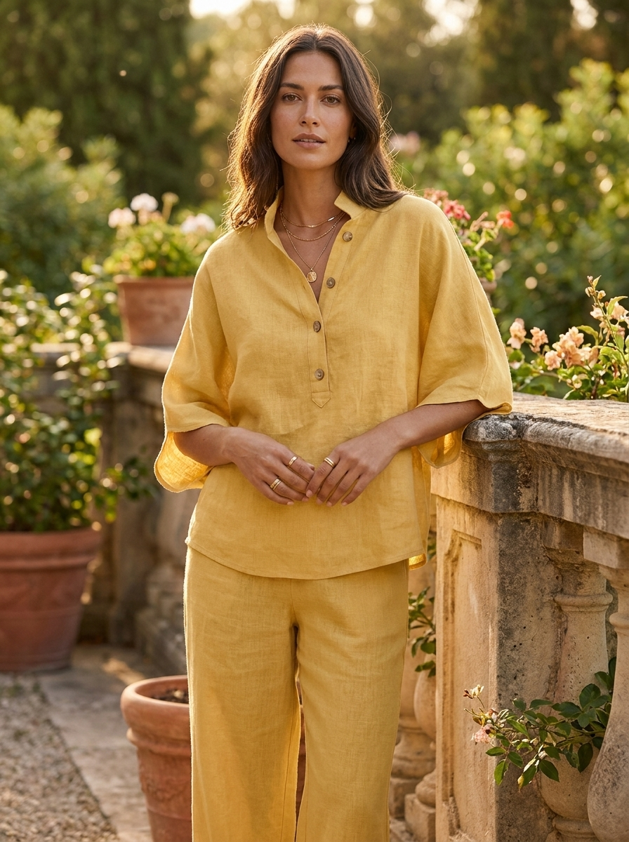 Model wearing Women's V-Neck Top and Straight-Leg Pants Set