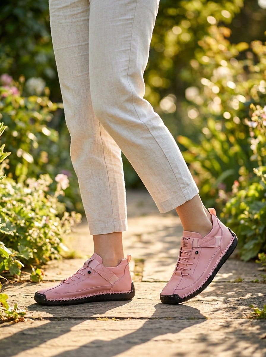 Women's Hand-Stitched Comfort Flats worn on a garden path