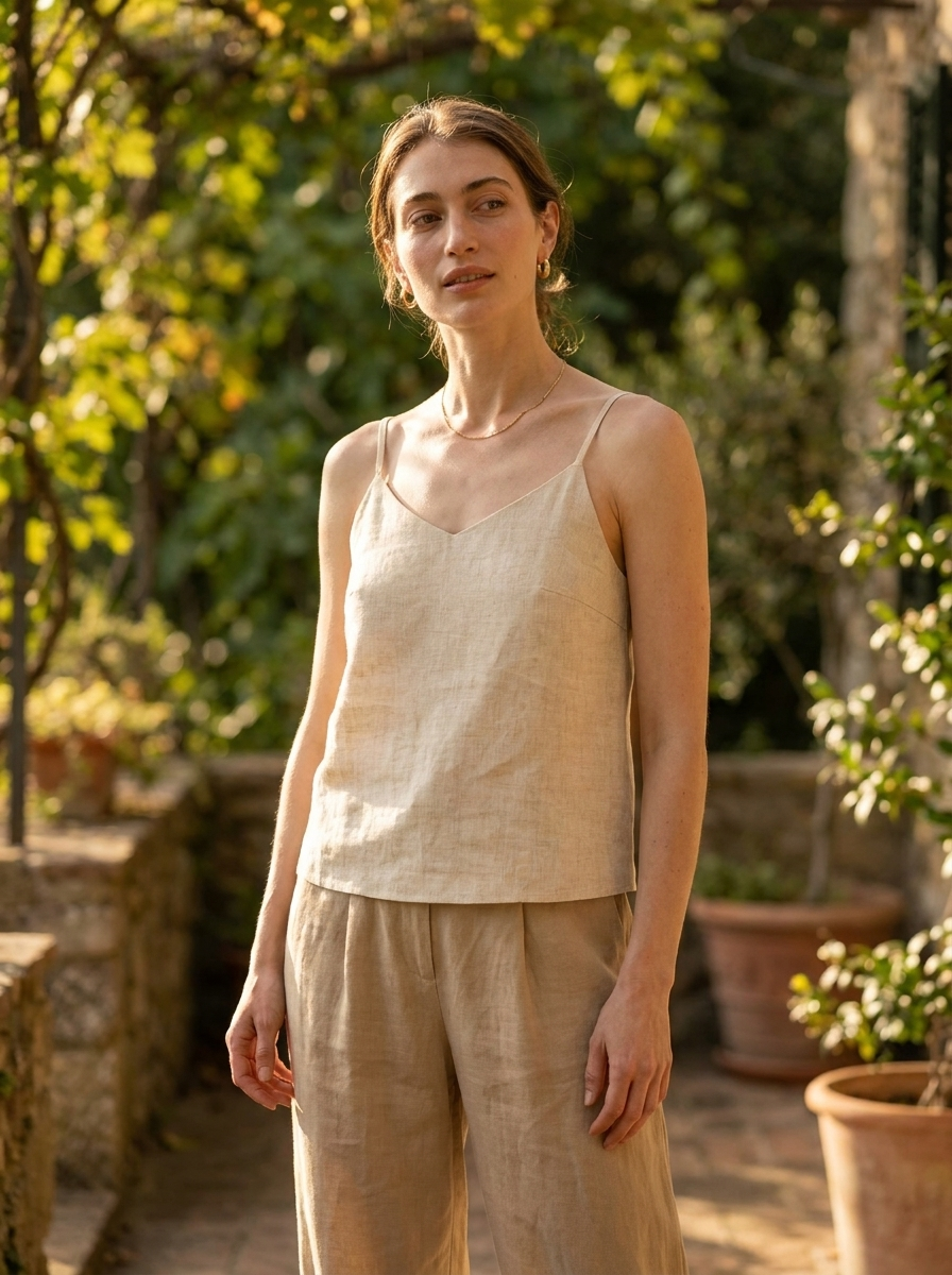 Model wearing Women's Linen V-Neck Camisole Top