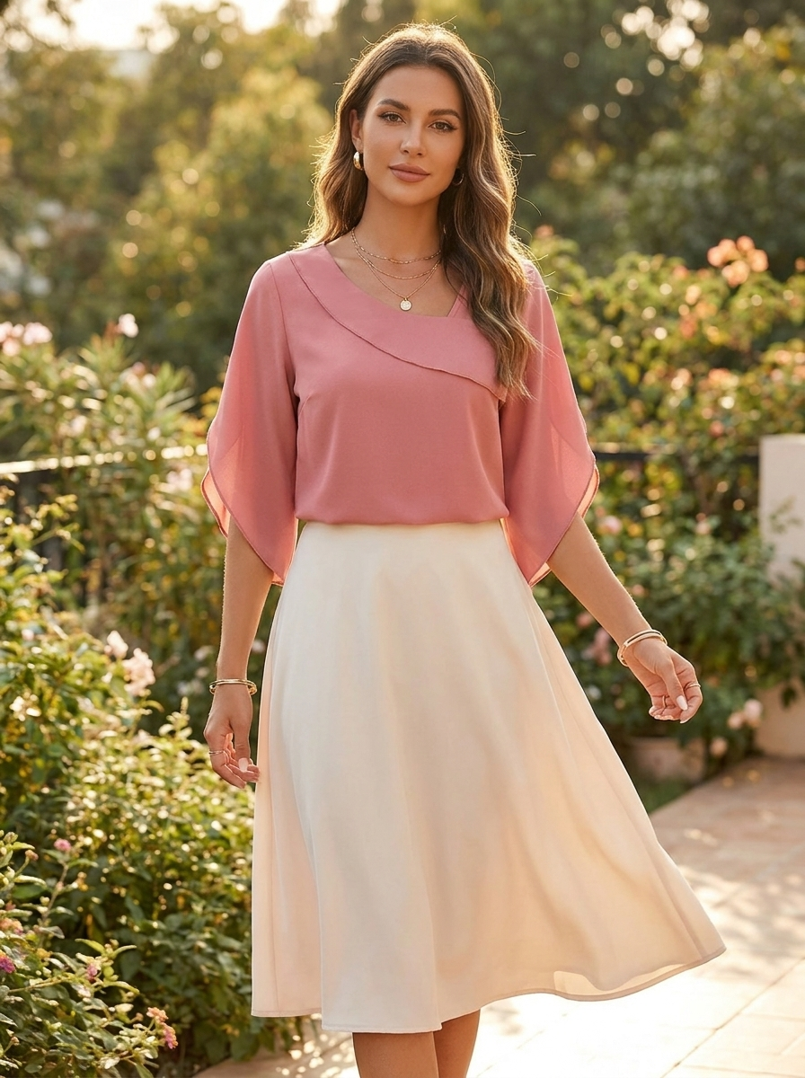 Model wearing Women's Chiffon Floral Puff-Sleeve Top