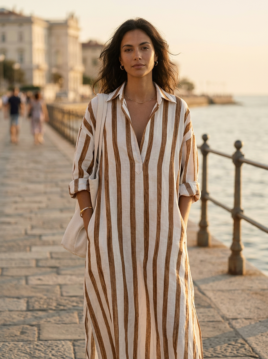 Model wearing Women's Striped V-Neck Shirt Dress