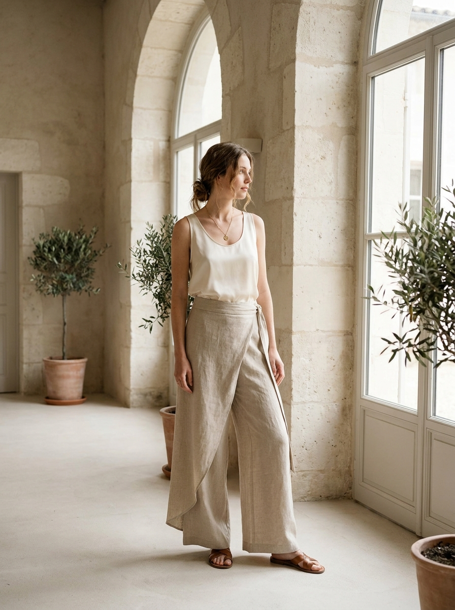 Woman wearing beige asymmetric wrap wide-leg trousers