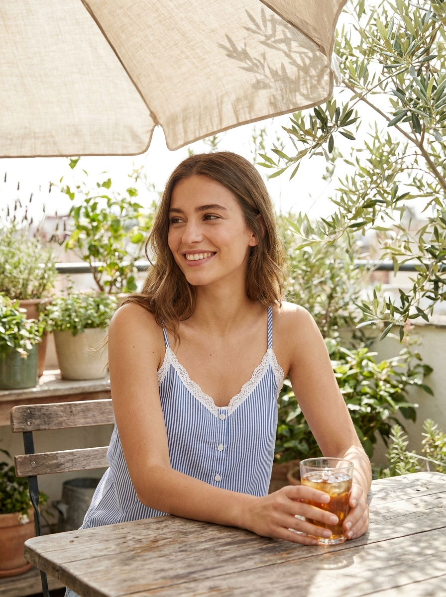 Woman wearing a striped lace-trim button-front tank top