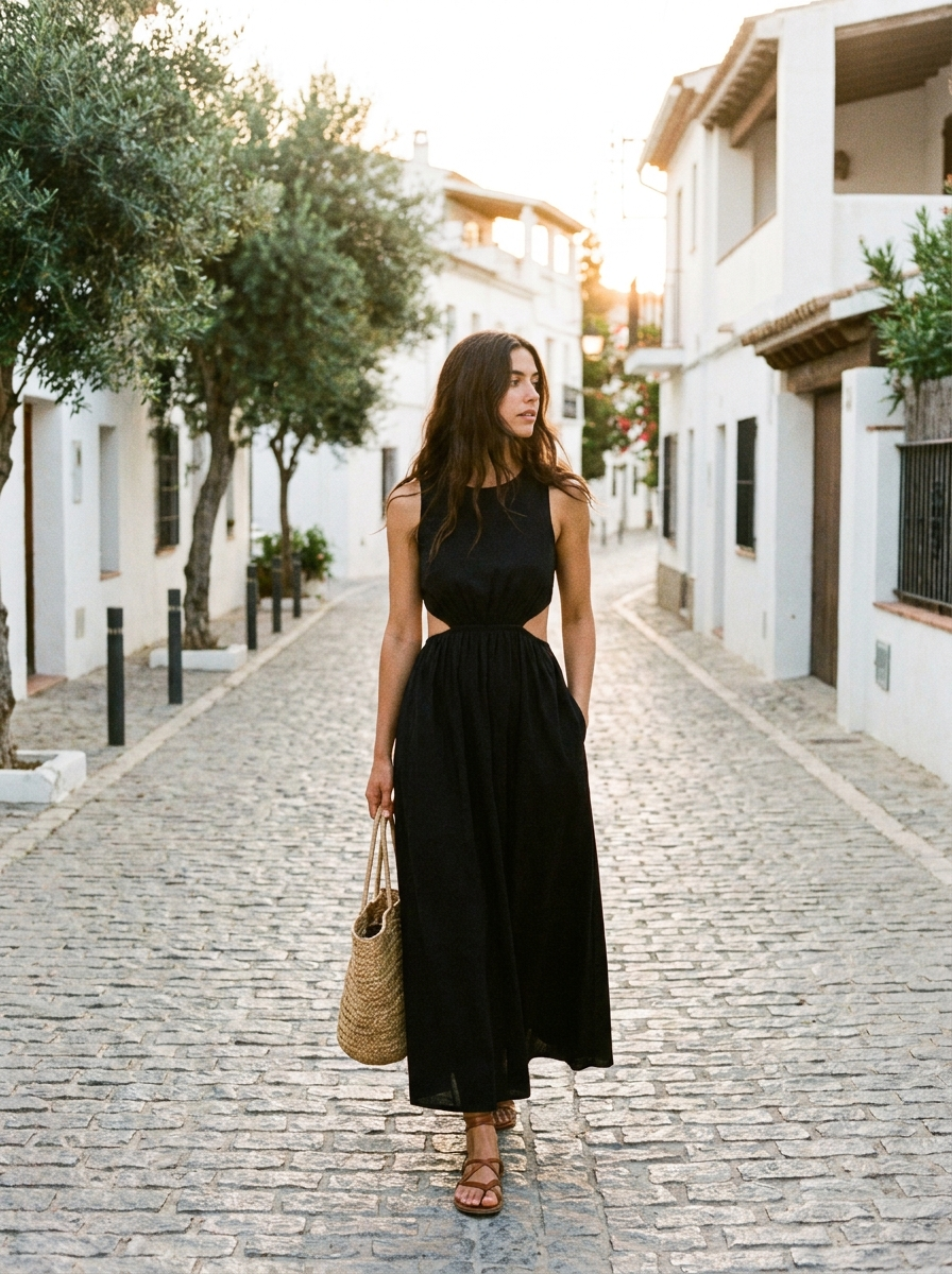 Woman wearing a black cotton cutout sleeveless maxi dress