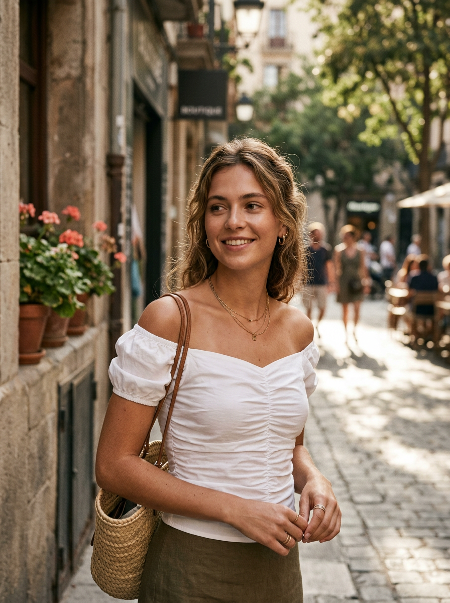 Woman wearing a white ruched off-shoulder short-sleeve top