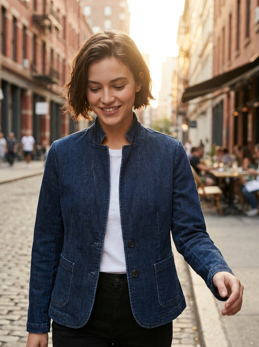 Woman wearing a stand-collar denim jacket