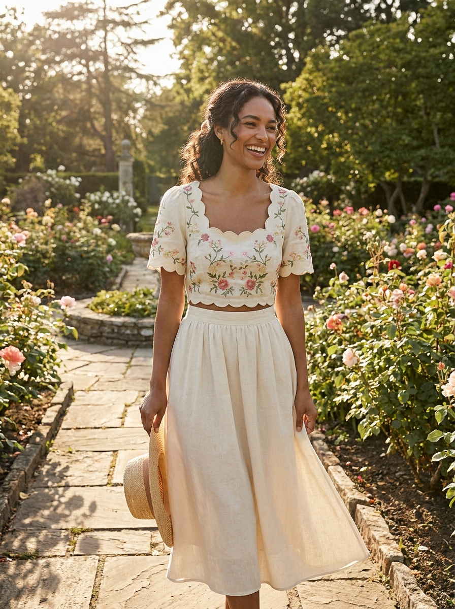 Woman wearing an embroidered scalloped two-piece skirt set