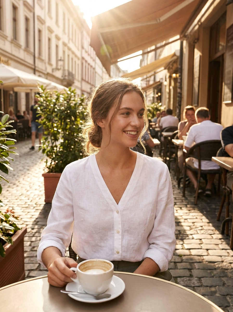 Woman wearing a white V-neck button-down blouse