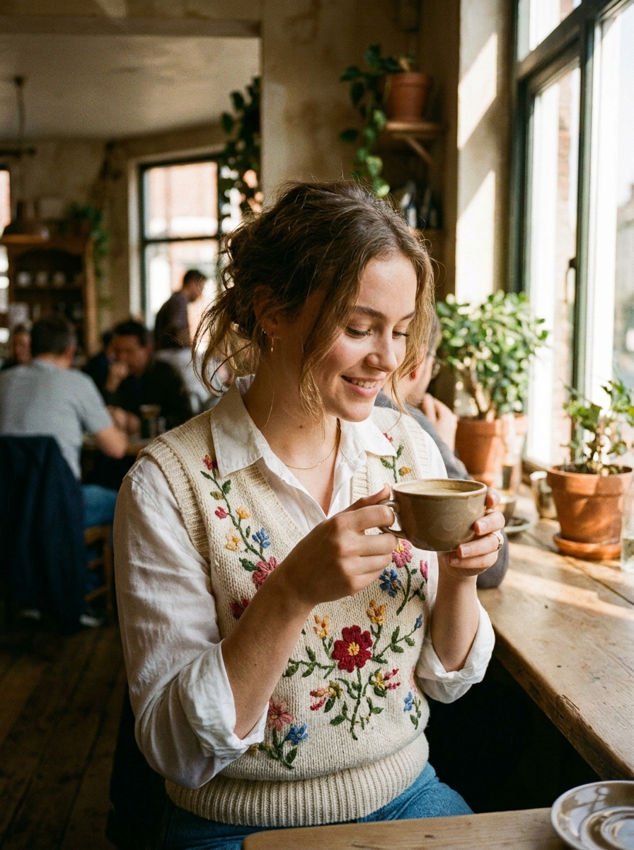 Woman wearing an embroidered floral knit vest