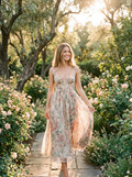 Woman wearing a floral print bustier strap midi dress
