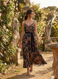 Woman wearing a baroque floral belted cami maxi dress