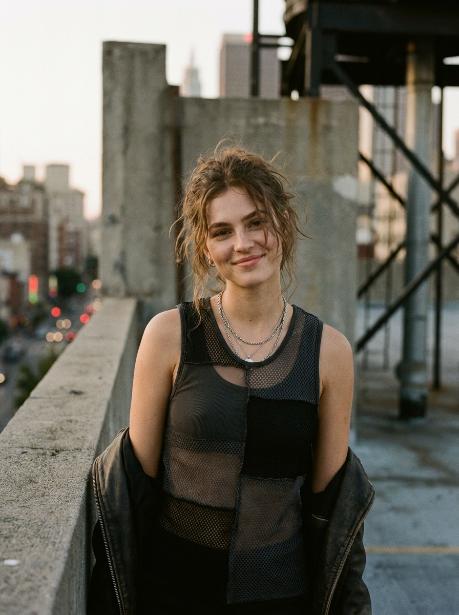 Woman wearing a mesh patchwork sleeveless top