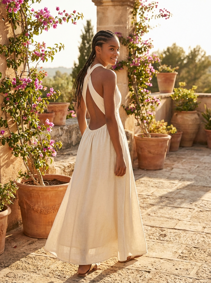 Woman wearing an open-back sleeveless maxi dress