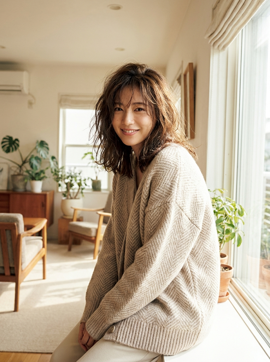 Woman wearing an oversized herringbone knit cardigan
