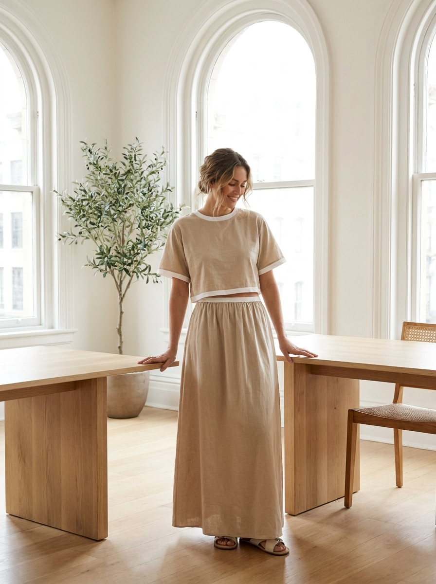Woman wearing a cotton contrast-trim top and skirt set