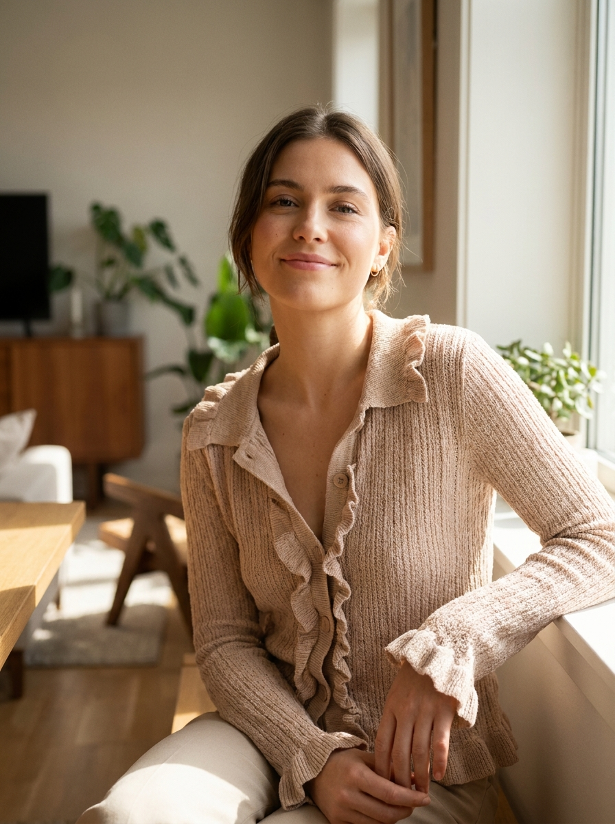 Woman wearing a ruffled button-down knit top