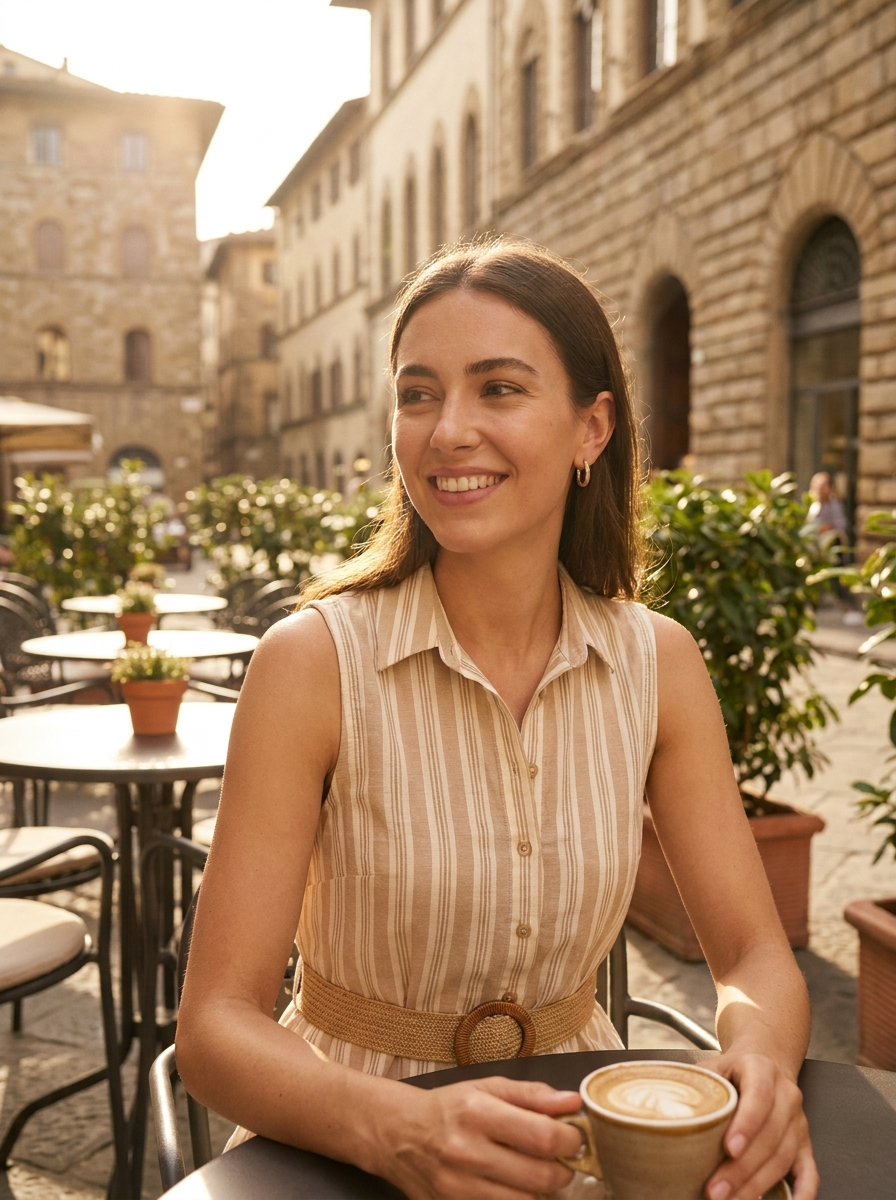 Woman wearing a striped collared sleeveless blouse
