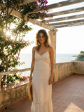 Woman wearing a lace-trim linen-blend cami maxi dress