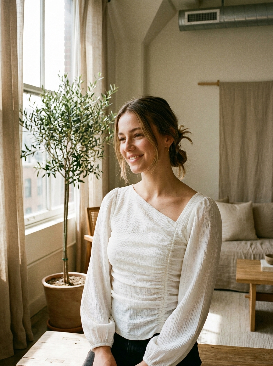 Woman wearing an asymmetric-neckline ruched blouse