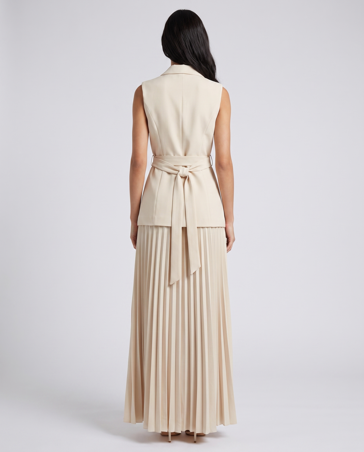 Belted pleated blazer maxi dress, back view