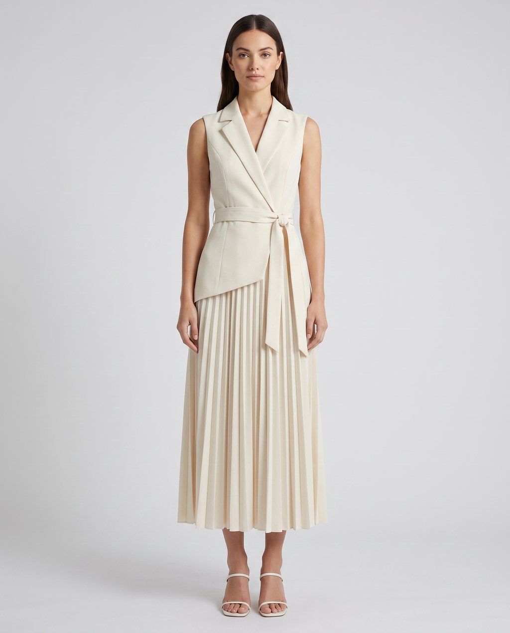 Women's Belted Pleated Sleeveless Blazer Maxi Dress in beige, front view